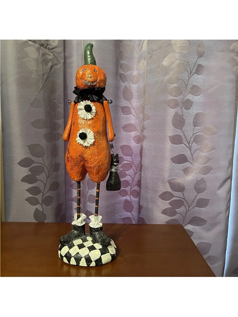 RARE Pier 1 Pumpkin Head With Cat Halloween Figurine Folk Art Glittery 15½